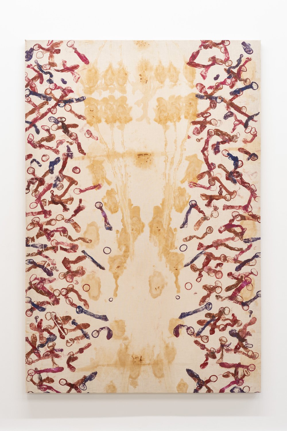  Chrysanne Stathacos,  Condom Roses , 1991. Oil on portrait linen with rose blood, 72 x 48 inches. Courtesy of the artist and The Breeder, Athens. Photo: Nando Alvarez-Perez 