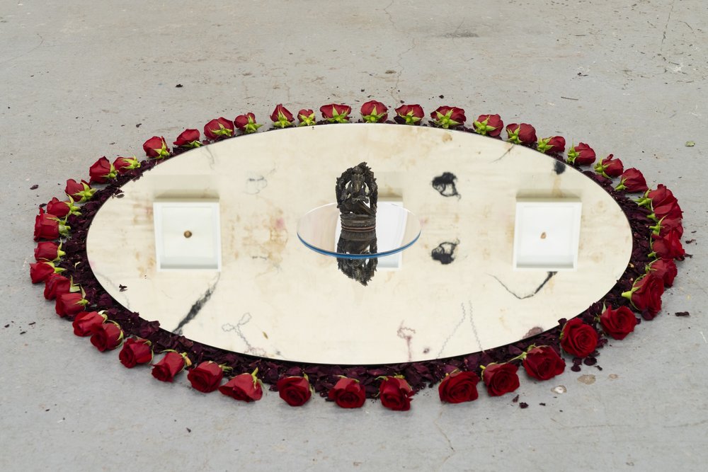  Chrysanne Stathacos,  Mandala One Reflection , 2022. Mirror, dried and fresh rose petals, found sculpture, 50 x 50 inches. Courtesy of the artist and The Breeder, Athens. Photo: Nando Alvarez-Perez. 