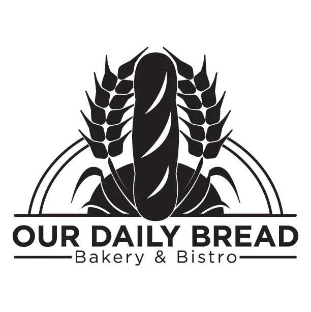 Logo for Our Daily Bread Bakery & Bistro featuring a loaf of bread with wheat stalks behind it.