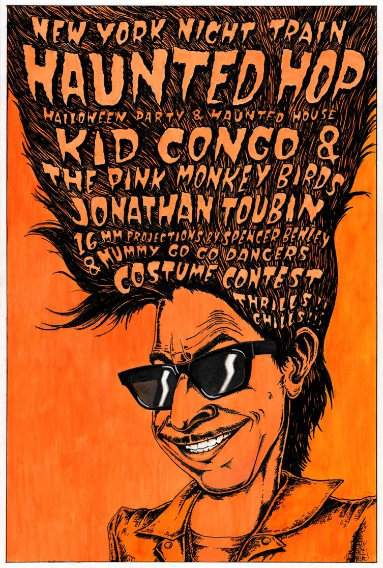 NYNT Halloween tour poster featuring Kid Congo & The Pink Monkey Birds. Homage to Stephen Blickenstaff's iconic illustration for The Cramps' Bad Music for Bad People album cover.