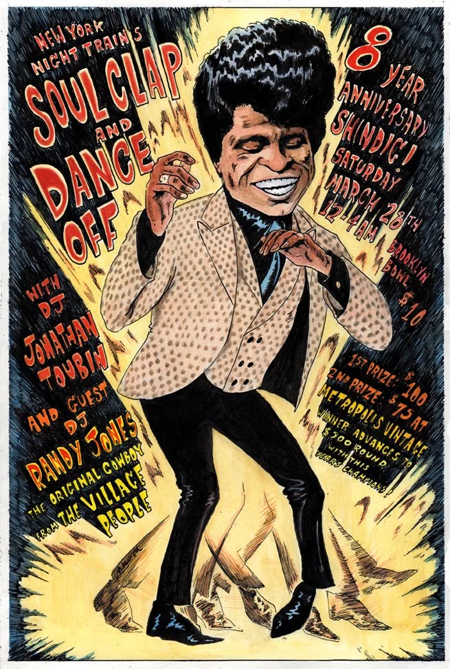 Soul Clap & Dance-Off 8 Year Anniversary poster with James Brown featuring guest DJ Randy Jones (the original cowboy) of The Village People.