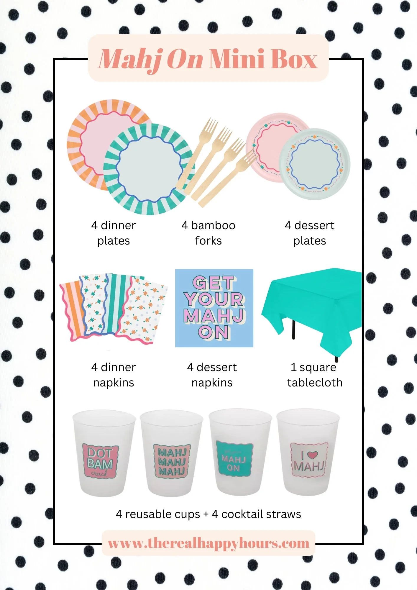 All-in-one fun and modern mahjong party gift box contents, including colorful plates, napkins, reusable cups, straws, and tablecloth.