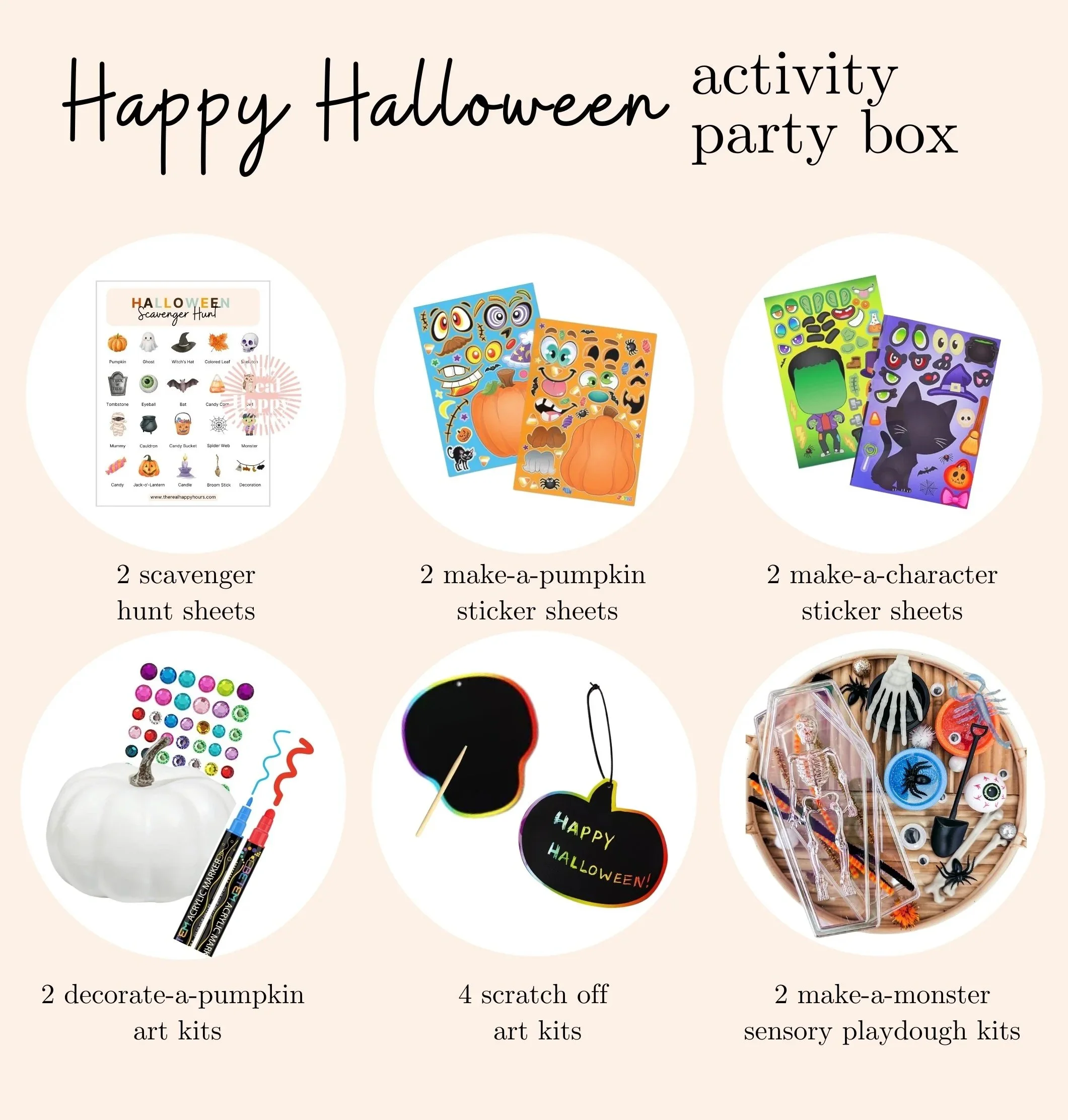 Halloween Kid’s Activity Party-in-a-Box with decorate-your-own pumpkin kits, scratch art, make-a-face stickers, make-a-monster sensory playdough kit, and scavenger hunt (Copy)
