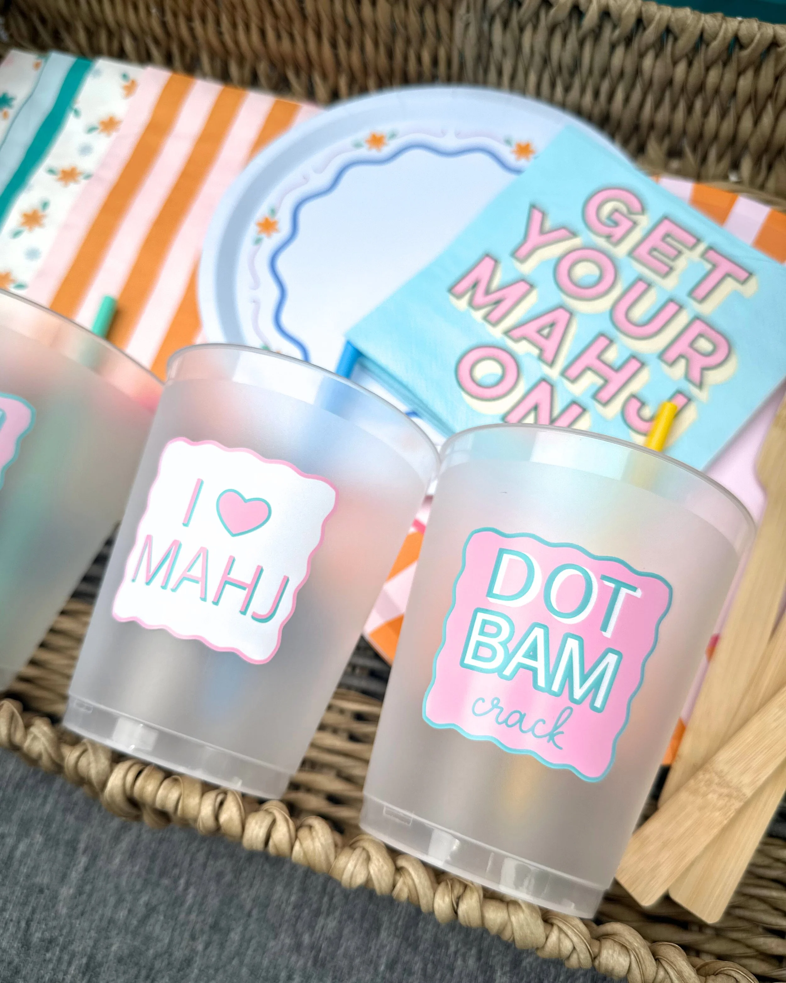 Reusable mahjong cups with I Love Mahj and Dot Bam Crak designs, perfect gift for mahjong players.
