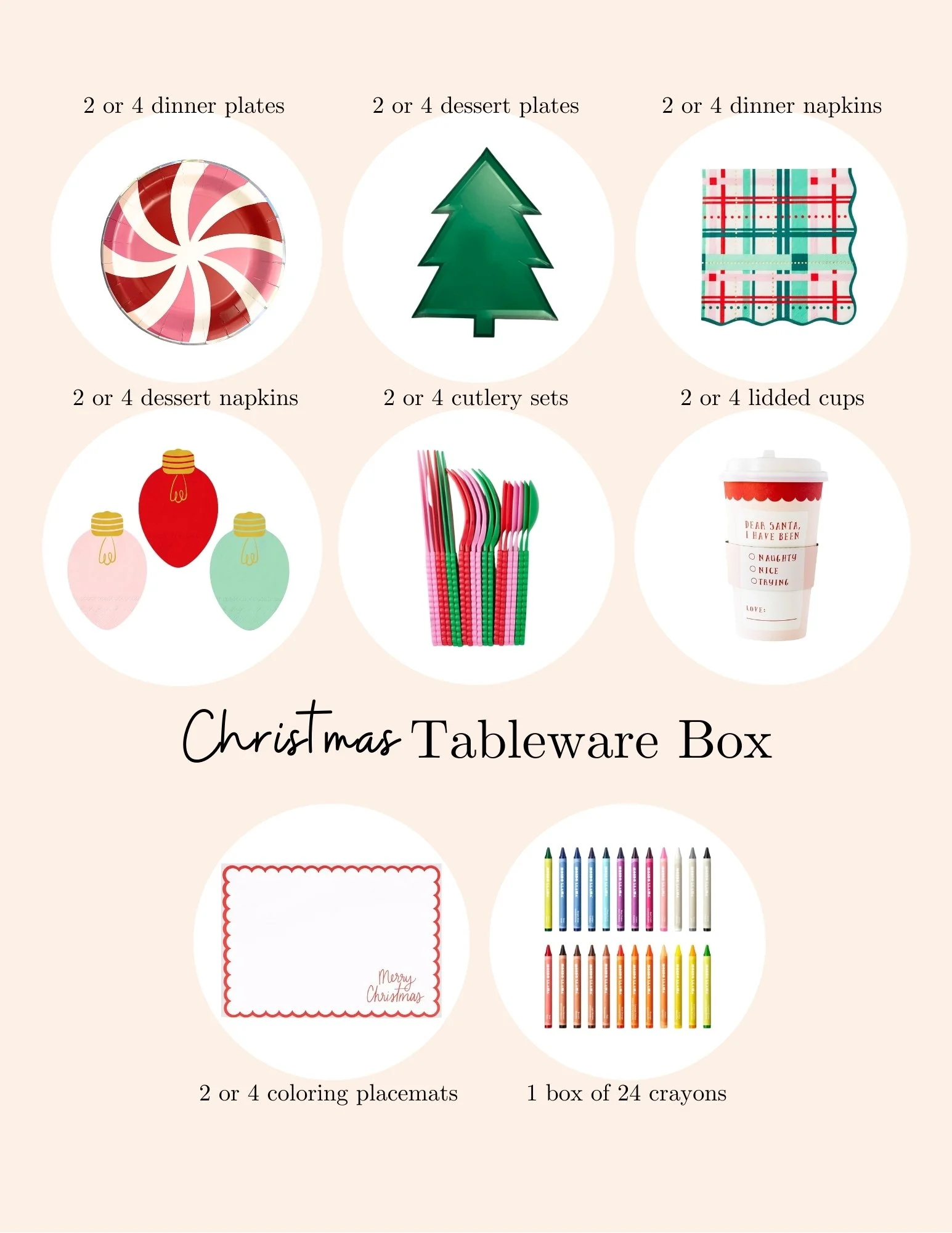 Modern + bright Christmas kids' table party-in-a-box featuring peppermint plates, tree plates, ornament napkins, and screen-free fun with coloring placemats + crayons.