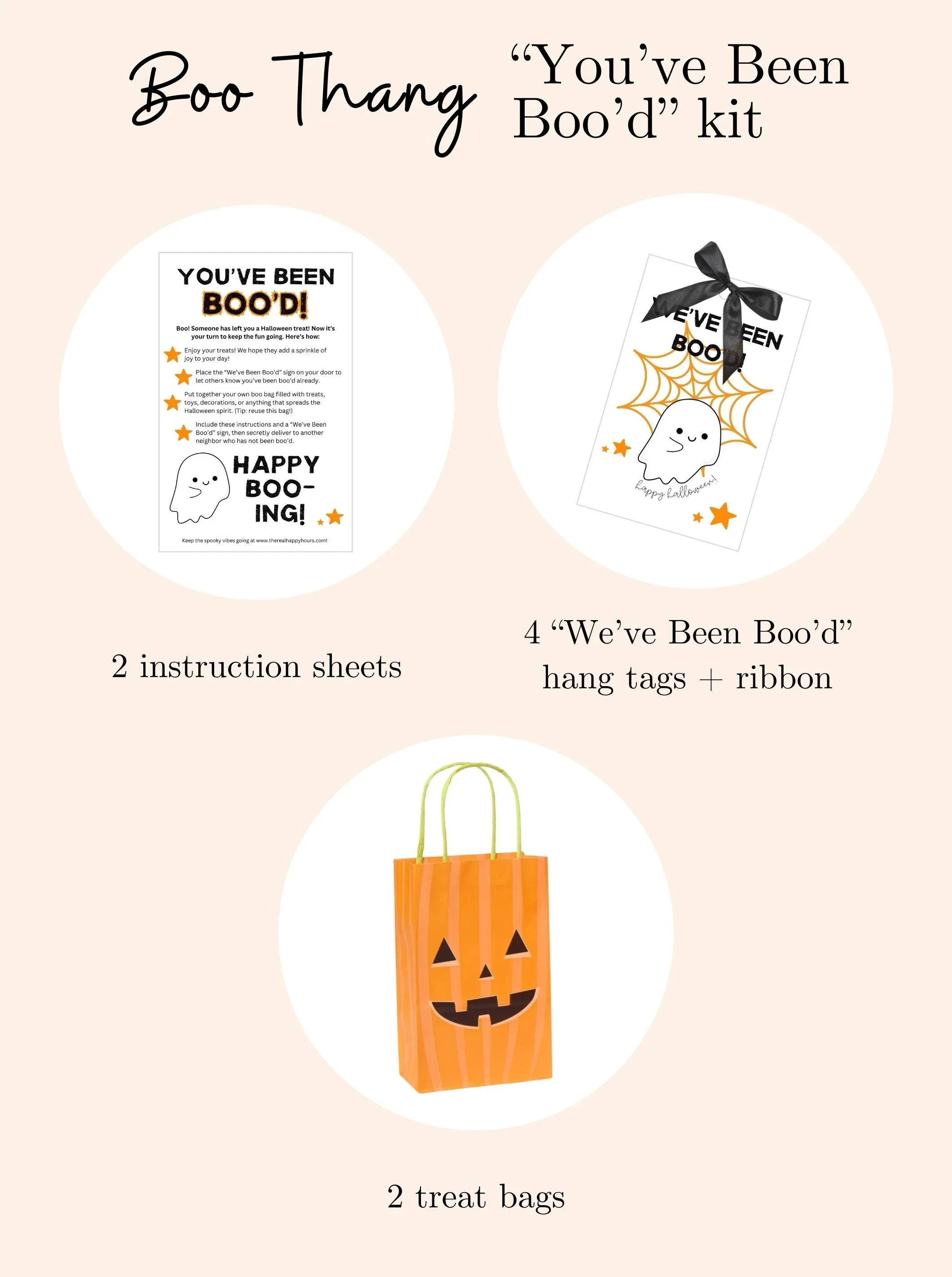 Boo Thang classic Halloween collection “you’ve been boo’d” all-in-one kit with instructions, hang tags, and cute orange pumpkin gift bags