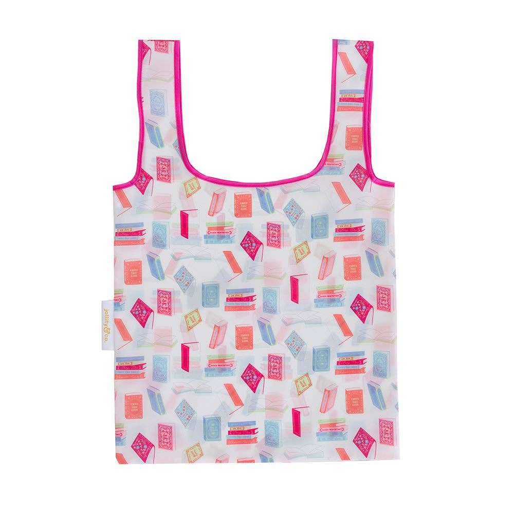 bright modern book print reusable foldable tote shopping bag eco-friendly gift for book lovers readers book club teachers hostess gift librarian