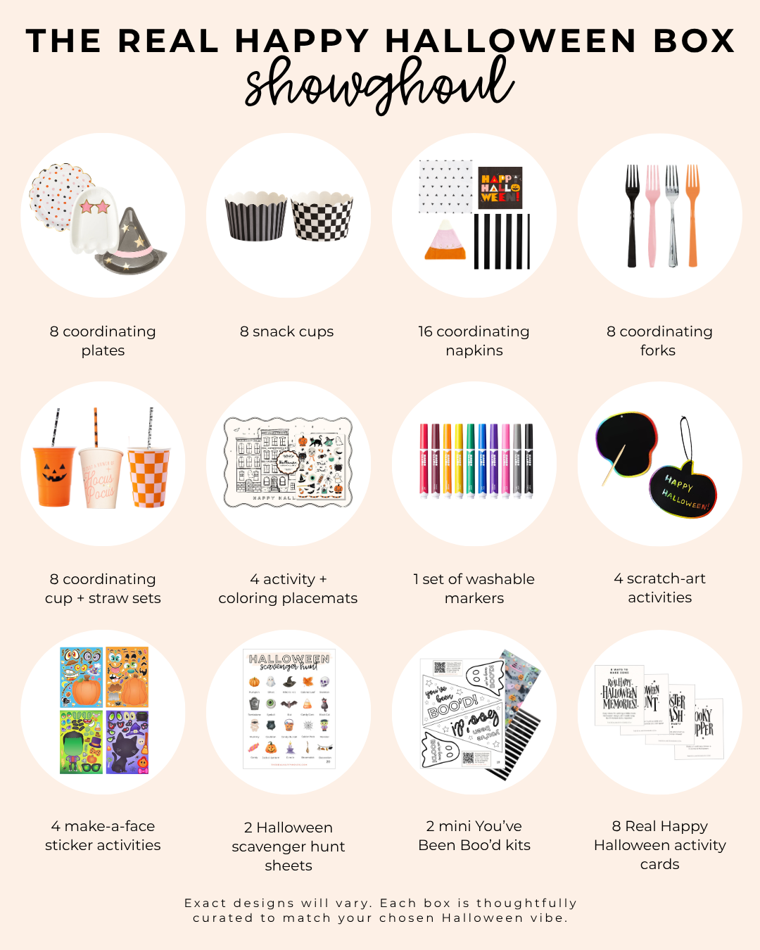 Showghoul Real Happy Halloween Box with pink and orange Halloween tableware, kids activities, scavenger hunt, activity cards and mini You’ve Been Boo’d kits