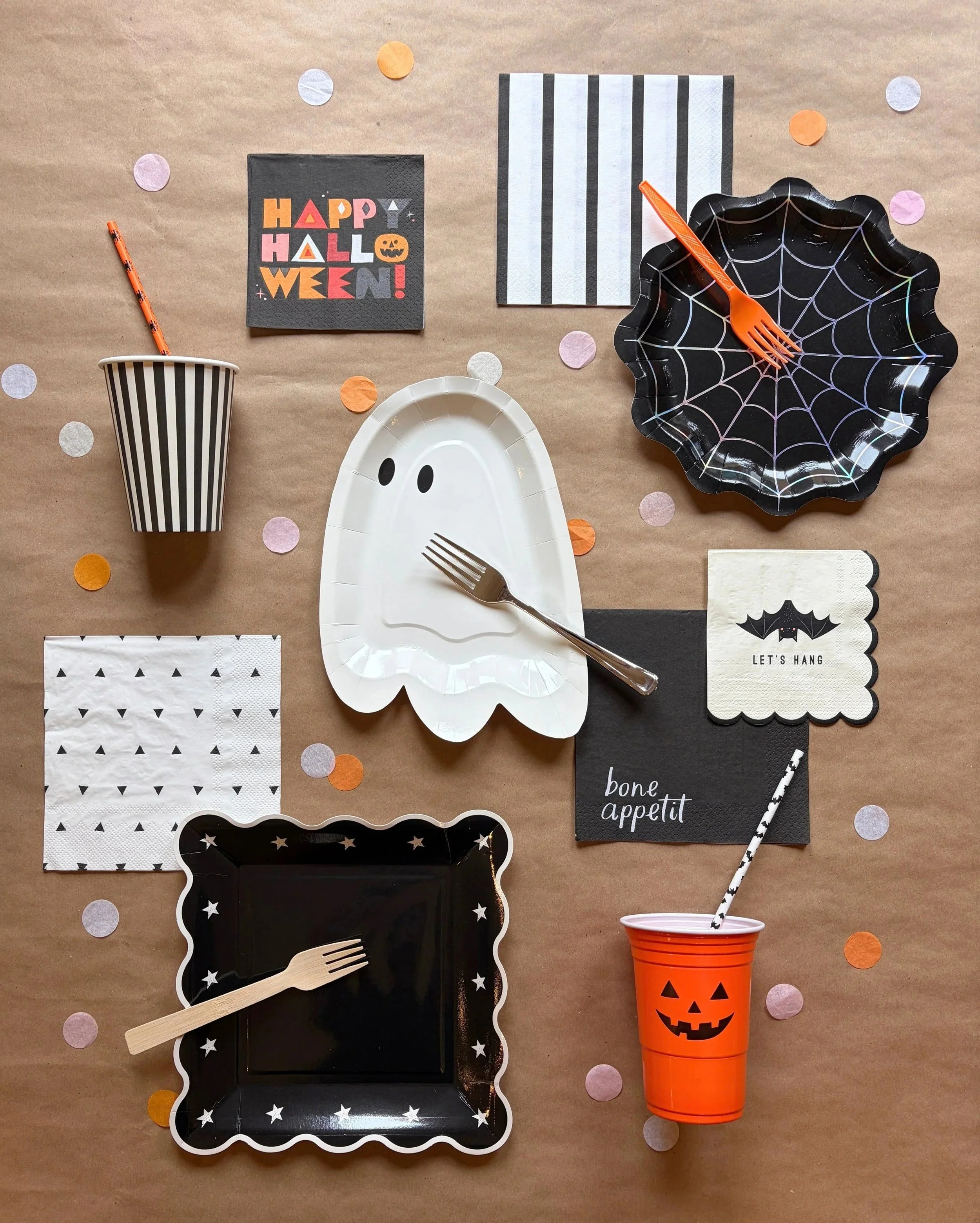 Classic Boo kids Halloween activity box with coordinating Halloween tableware in black, white and orange