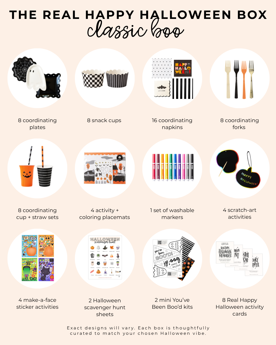 Classic Boo Real Happy Halloween Box with Halloween tableware, kids activities, scavenger hunt, activity cards and mini You’ve Been Boo’d kits