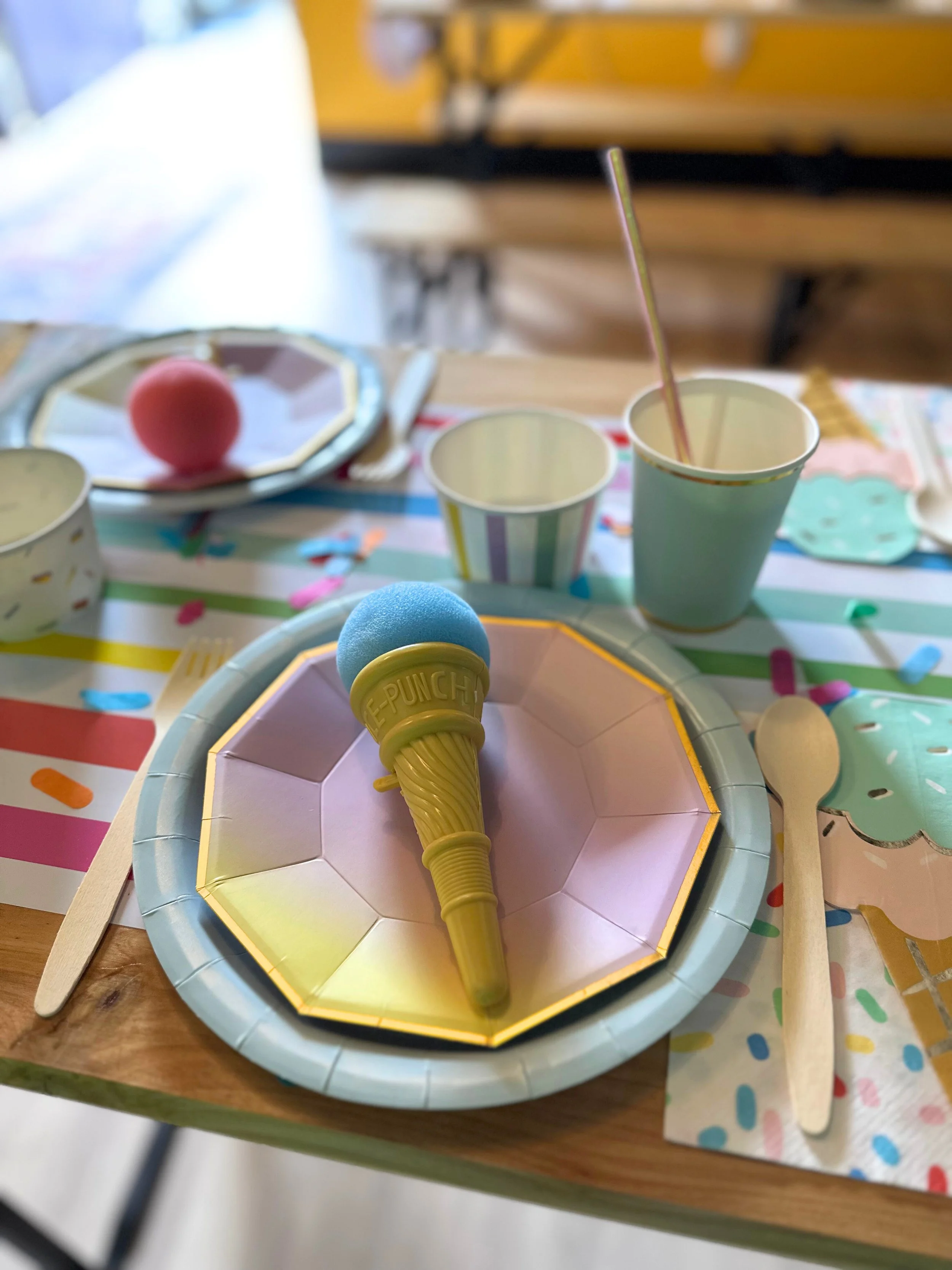 high point creamery Denver party room with the real happy hours party-in-a-box party supplies including tableware and sweet ice cream cone favors