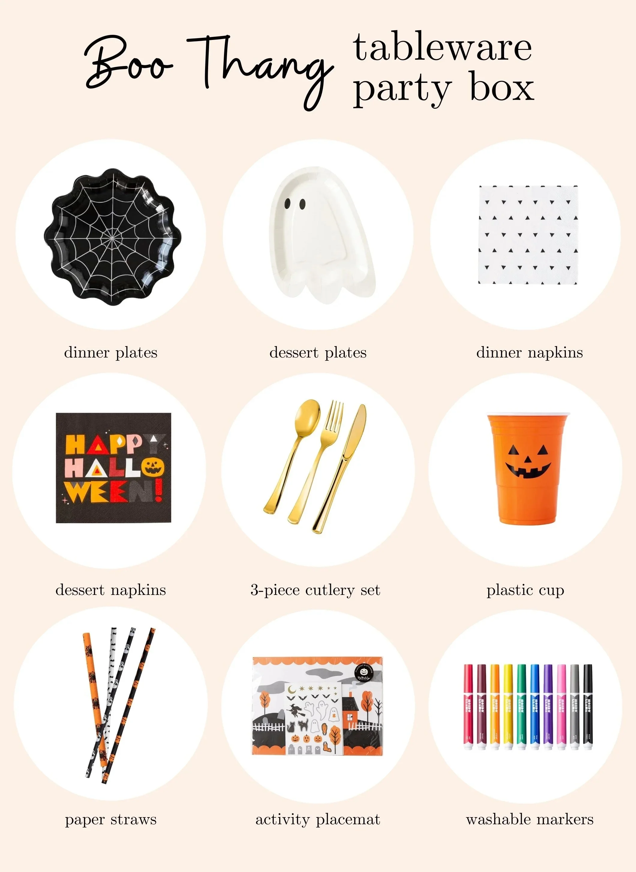 Boo Thang classic Halloween Tableware Party-in-a-Box with orange, black, and white ghost and spiderweb plates, fun modern napkins, cutlery, pumpkin cups, and color-your-own placemats.