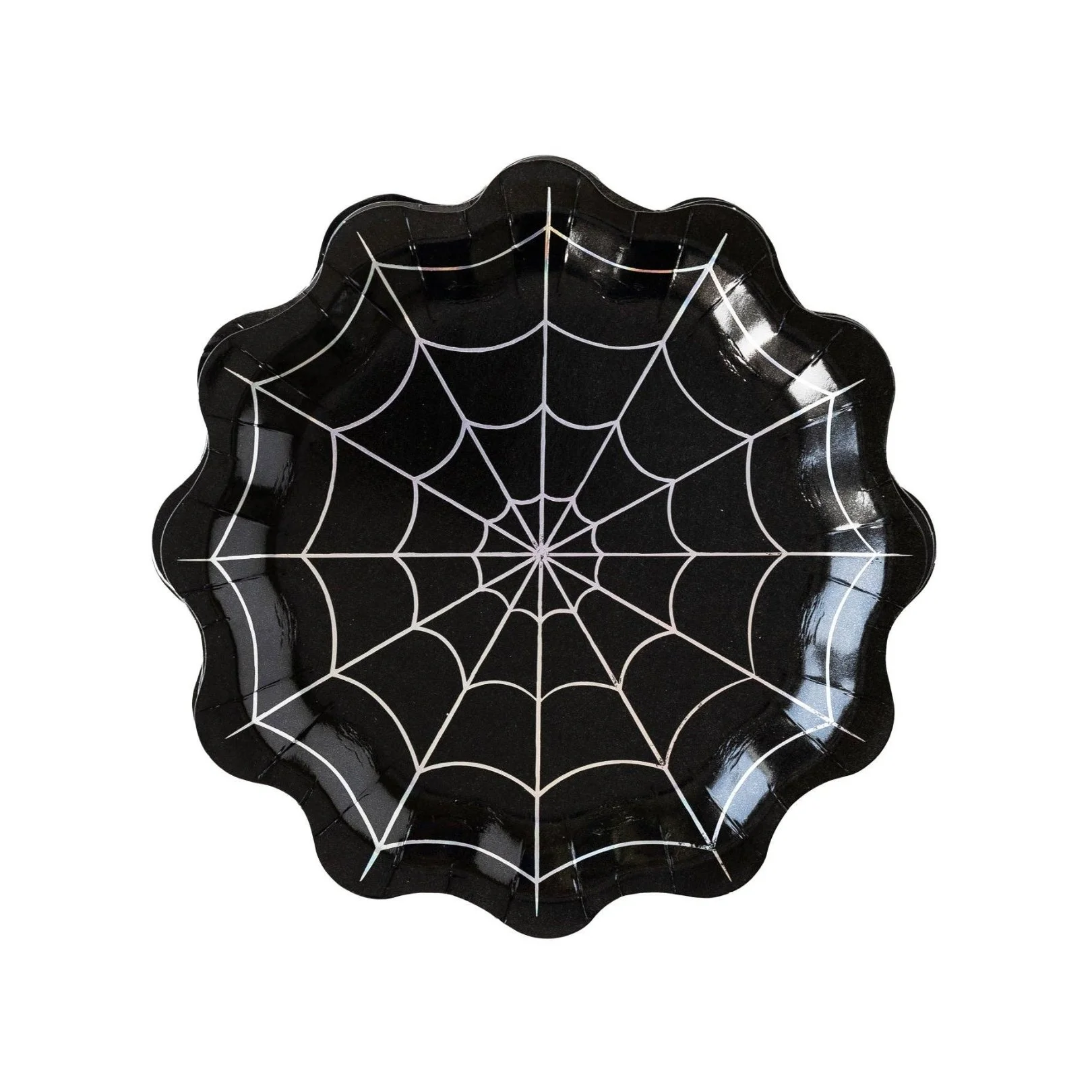 Boo Thang Halloween tableware box_ black and silver holographic spiderweb shaped paper plate.jpg