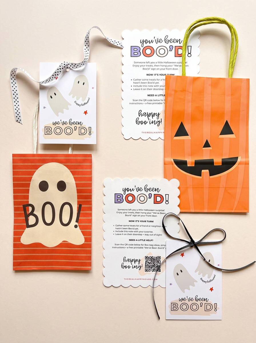 Classic Boo You’ve Been Boo’d Kit with orange Halloween gift bags, instruction cards and We’ve Been Boo’d hanging signs.