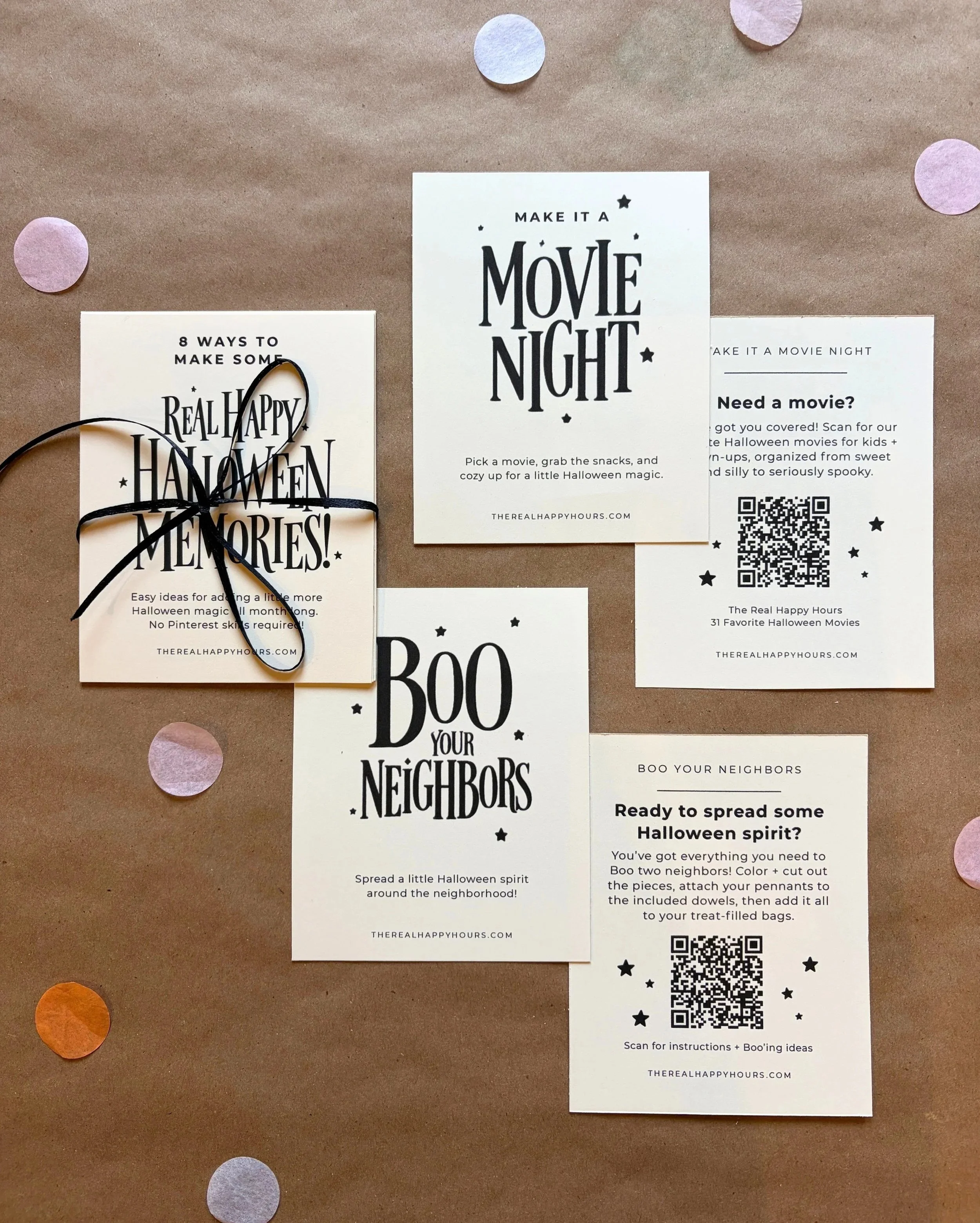 Real Happy Halloween activity cards with easy screen-free ideas for family movie nights, dance parties, spooky dinners and Halloween fun.
