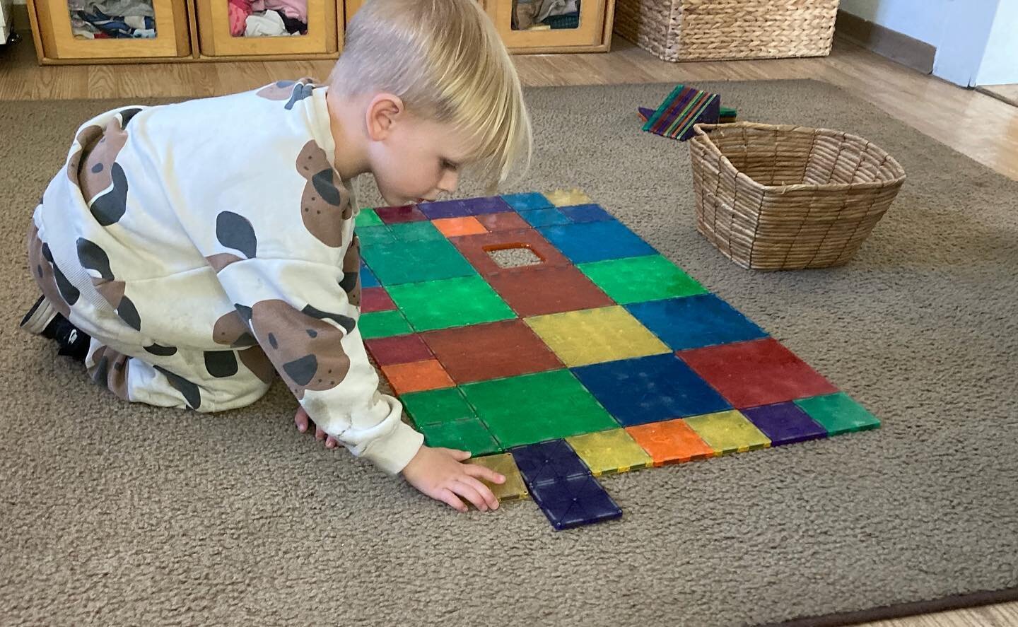 This child had a vision that required space away from the bustle of the main classroom. The teachers were able to offer him space in the &ldquo;quiet room&rdquo; and he was able to create his &ldquo;really big square.&rdquo; Preschool should be less 