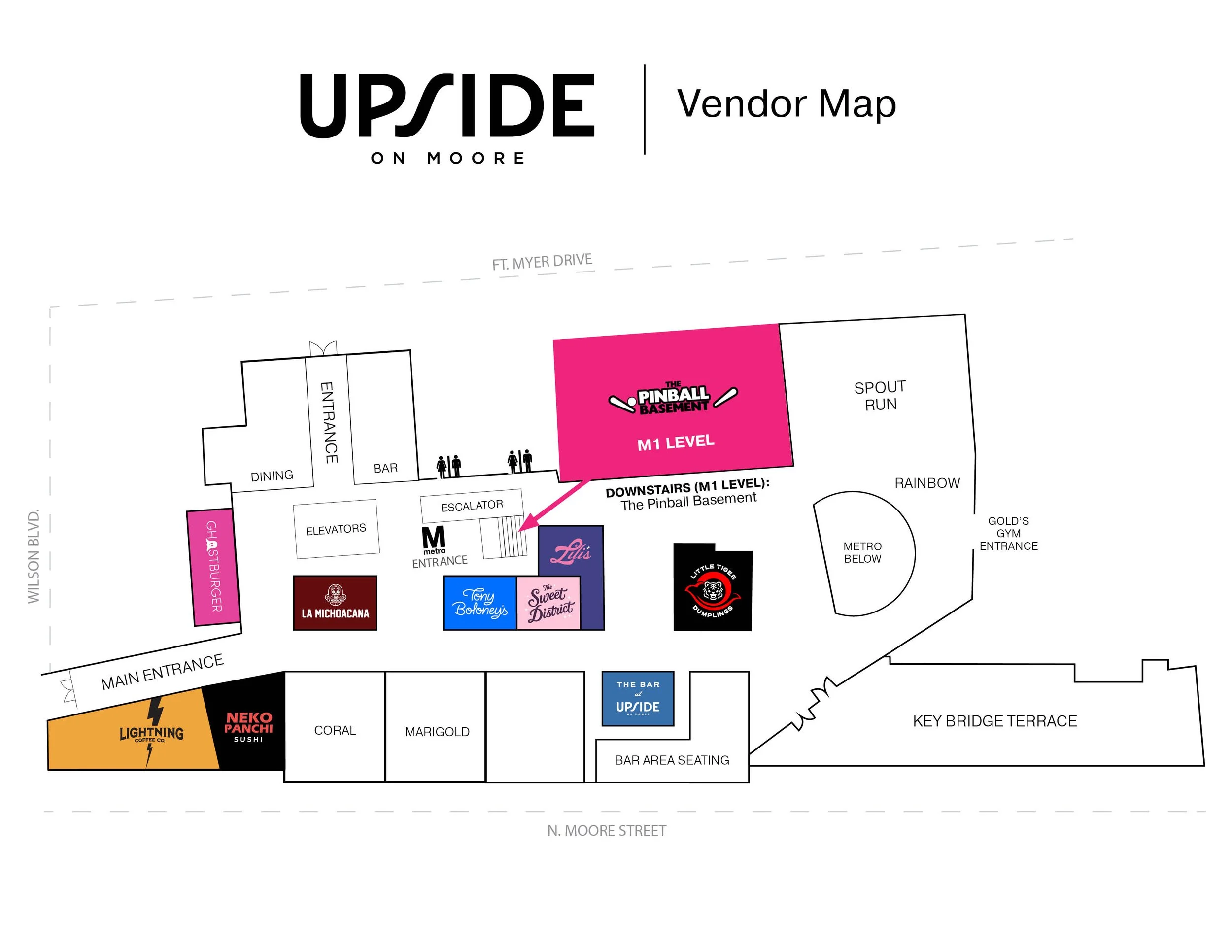 Map of the Upside venue on Moore with sections for various food and drink vendors, entertainment areas, and entrances, including a pinball basement, a bar, and multiple dining options.