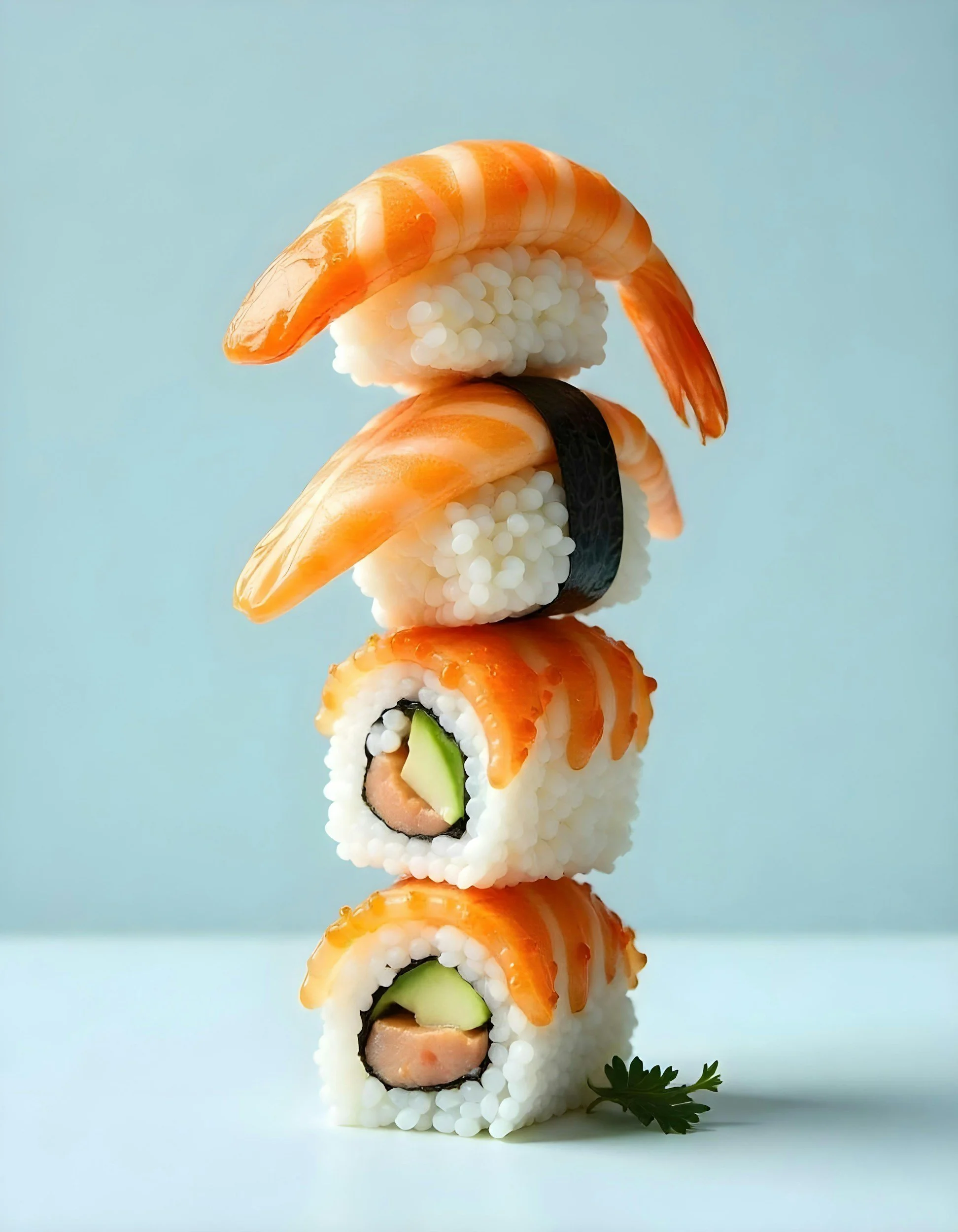A vertically stacked arrangement of sushi pieces featuring salmon, cucumber, and rice, garnished with a sprig of parsley, against a light blue background.