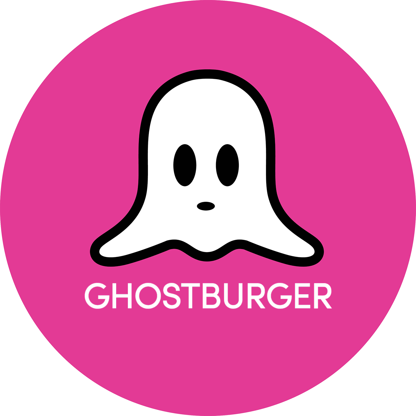 Pink circular badge with black outline of a ghostly face and text 'GHOSTBURGER' in black capital letters.