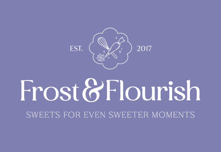 A lavender-colored logo for Frost & Flourish, established in 2017, featuring a whisk, a flower, and a piping bag within a flower-shaped outline, with the tagline 'Sweets for even sweeter moments'.