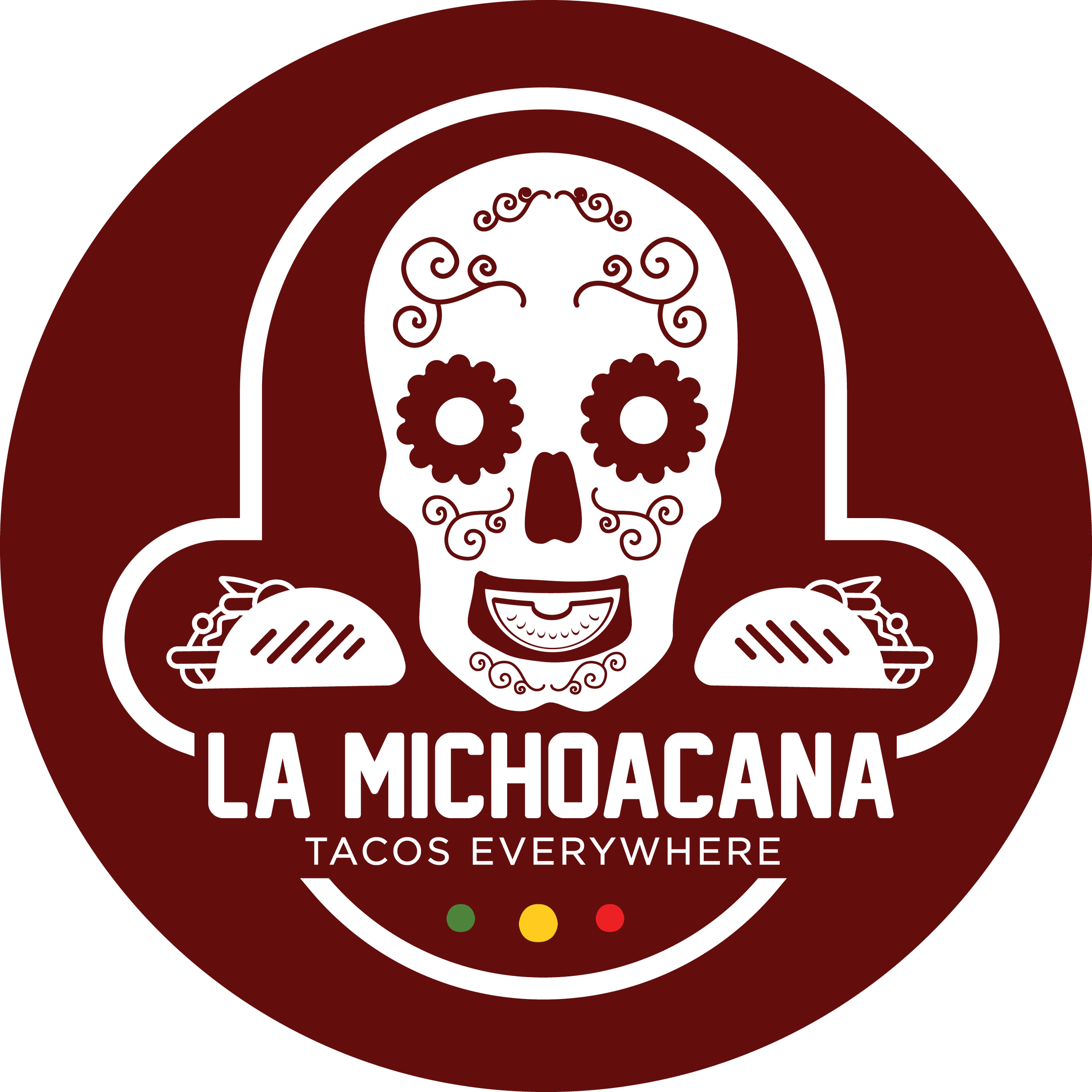 Logo for La Michoacana, a taco restaurant chain, featuring a stylized sugar skull with intricate swirls and two tacos at the bottom, with colorful dots underneath and text that reads "Tacos Everywhere".