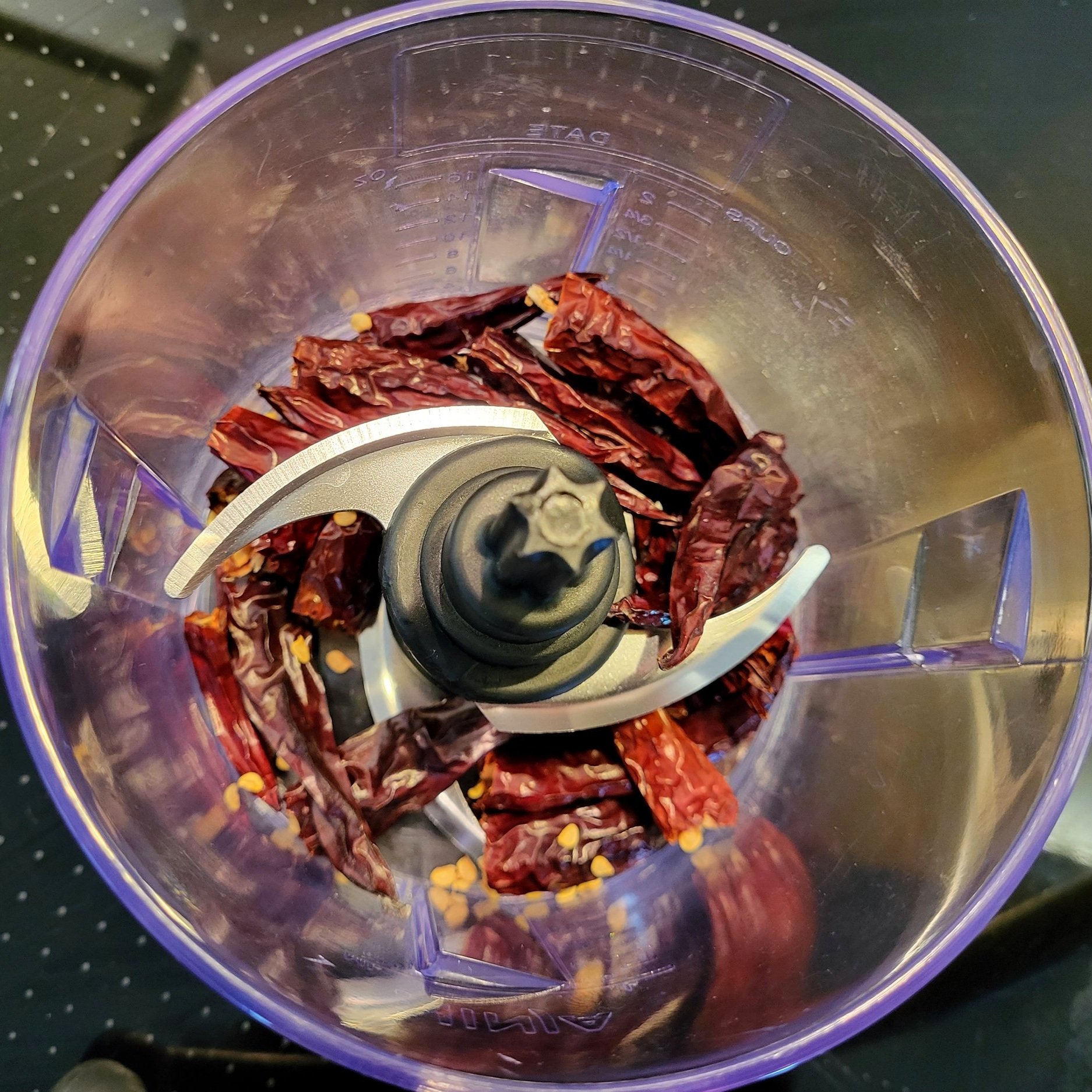 Dried whole chillis in the blender