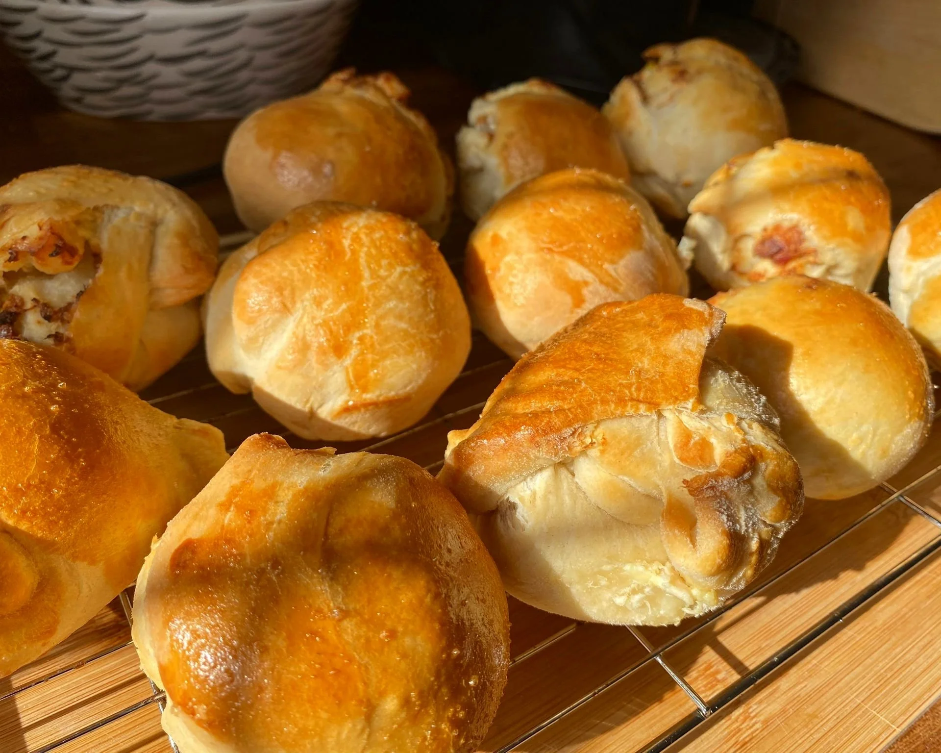 Chicken, cheese and bacon mini picnic pies, just baked