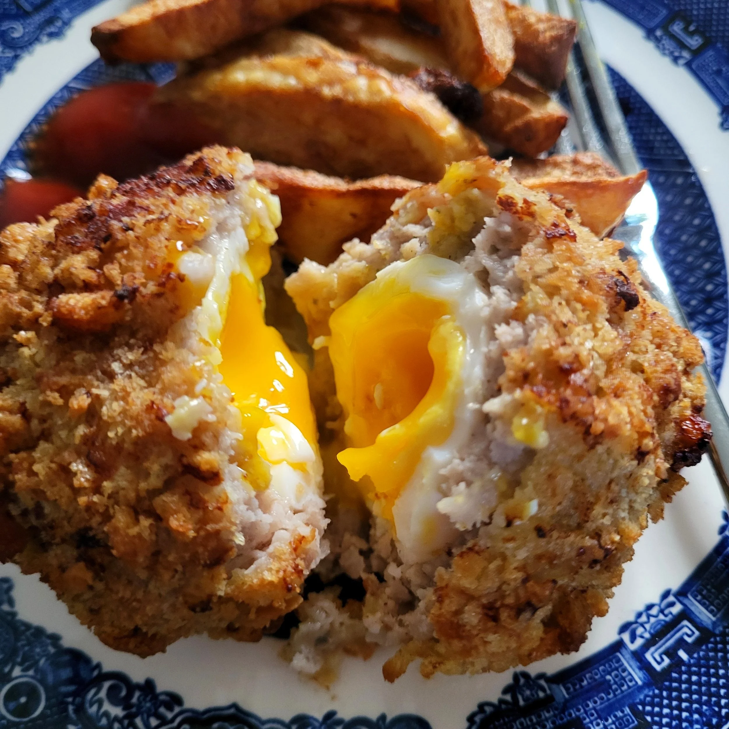 A runny scotch egg fresh out of the air fryer