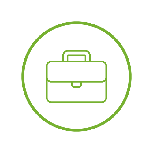 Green outline of a briefcase inside a circle on a black background.