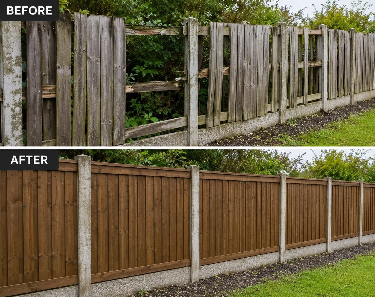 Comparison of a weathered wooden fence before and after replacement with a new stained wooden fence, showing significant improvement in appearance and condition.