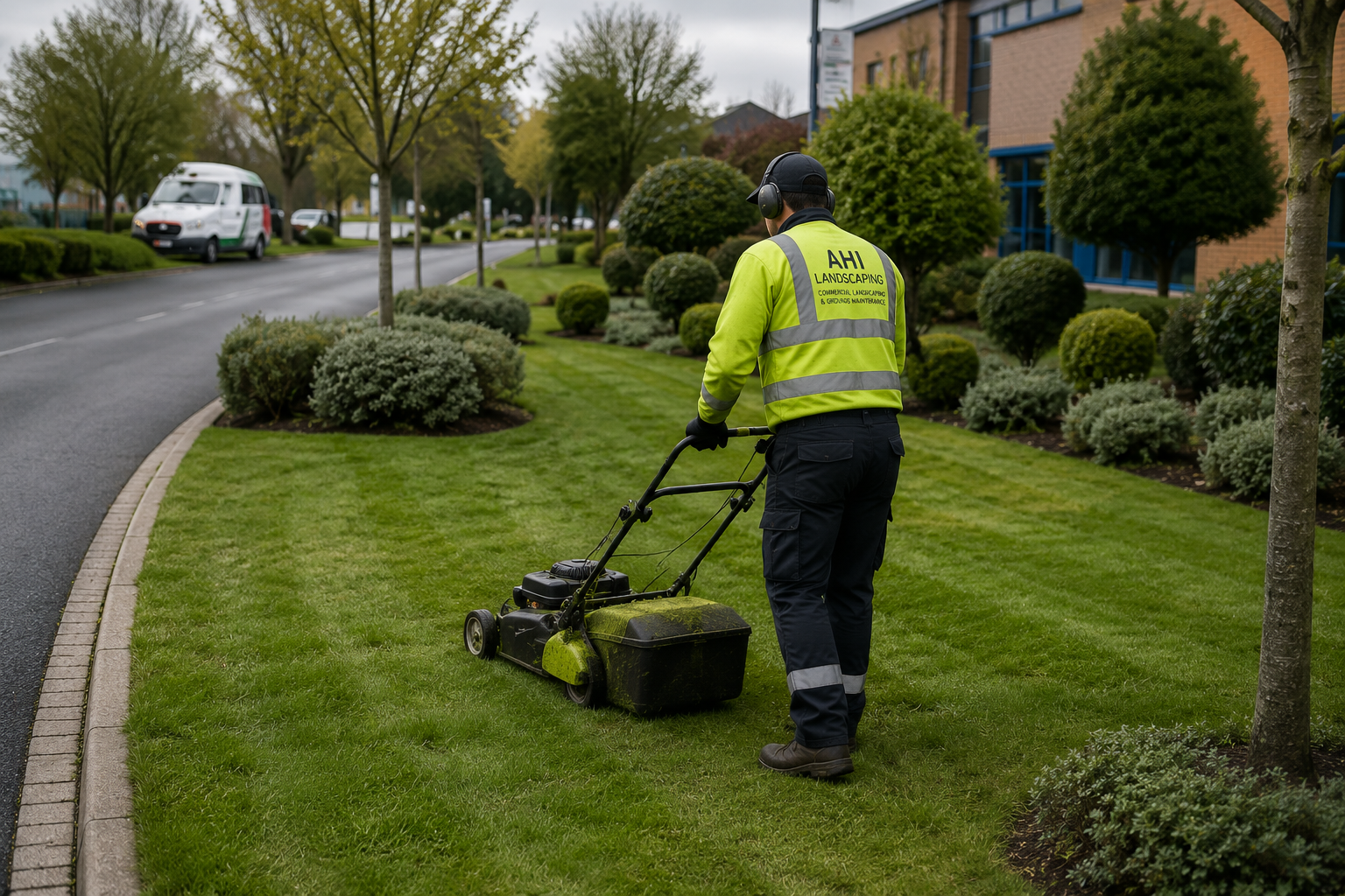 AHI Landscaping worker in a high-visibility jacket operating a lawnmower on a well-maintained grassy strip along a sidewalk with trees and bushes.