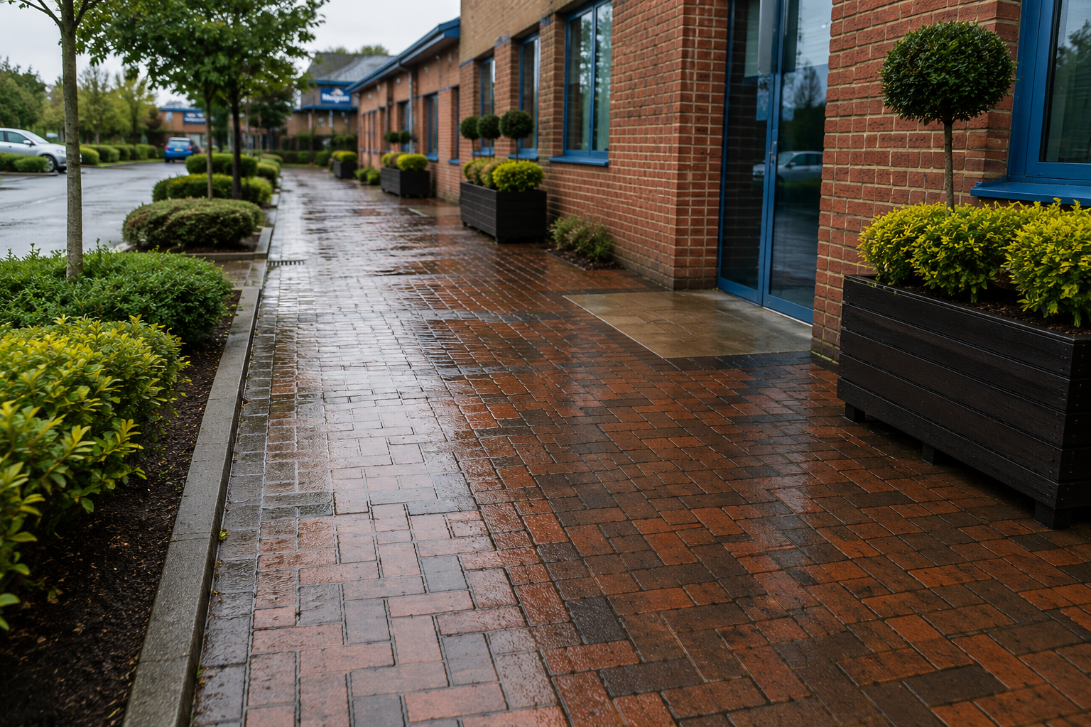 Wet brick sidewalk outside a brick building with large windows and potted plants, rainy day.