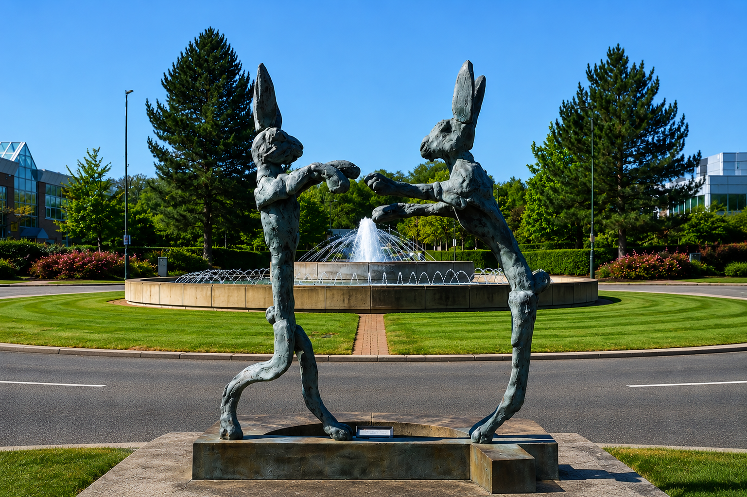 Capability Green Luton, sculptures of hares with elongated legs are facing each other, positioned in front of a fountain in a park.