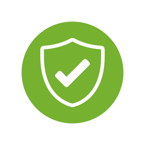 Green circle with a white shield and check mark inside
