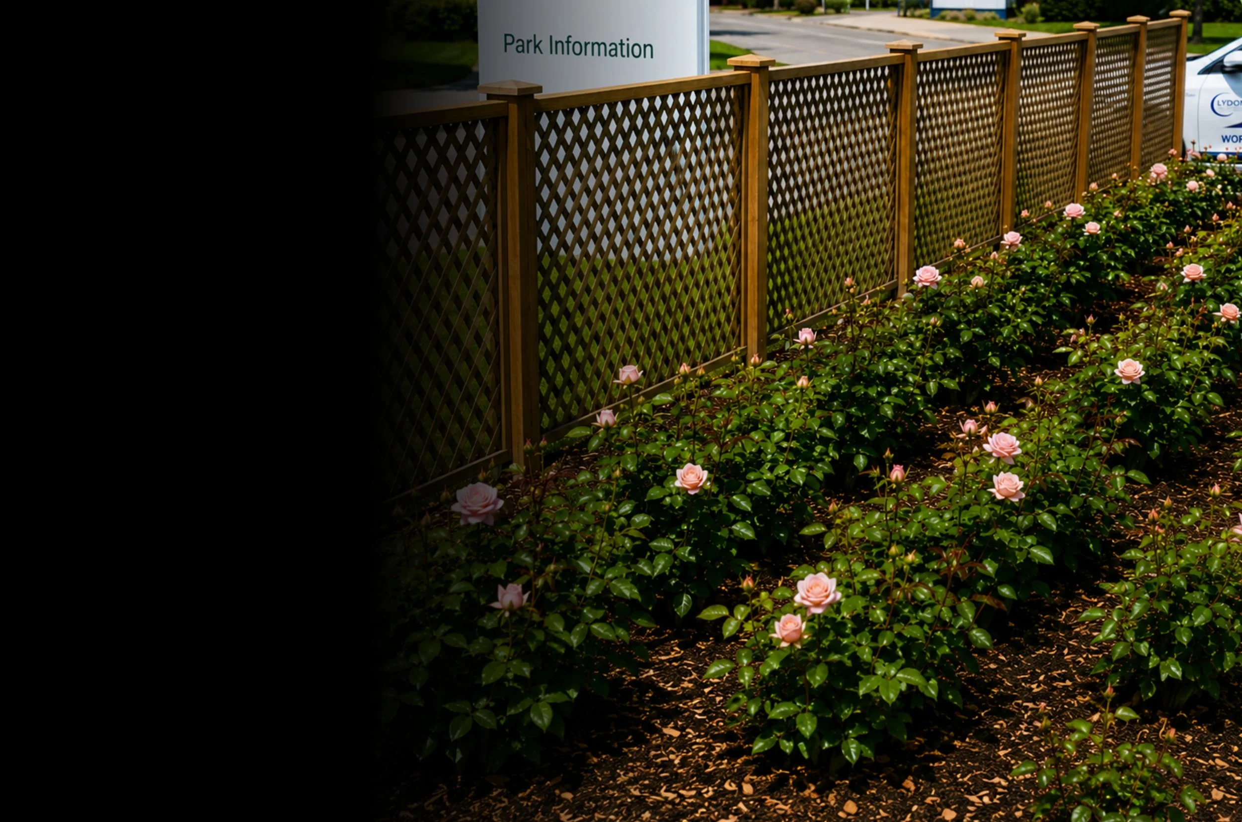 A wooden lattice fence runs alongside pink roses and green shrubbery in a landscaped area near a park entrance. There's a white sign with green text that reads 'Park Information' and a parking lot and street in the background.