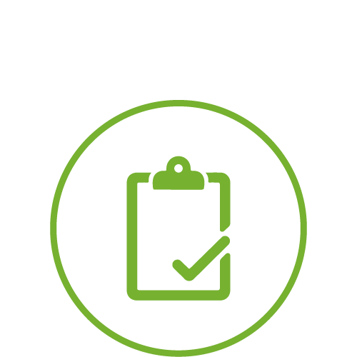 Green checklist icon on a clipboard inside a green circle.