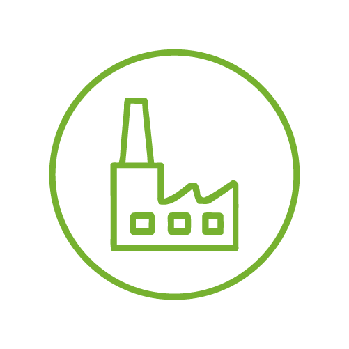 Green outline of a factory with a chimney inside a circle on a black background.