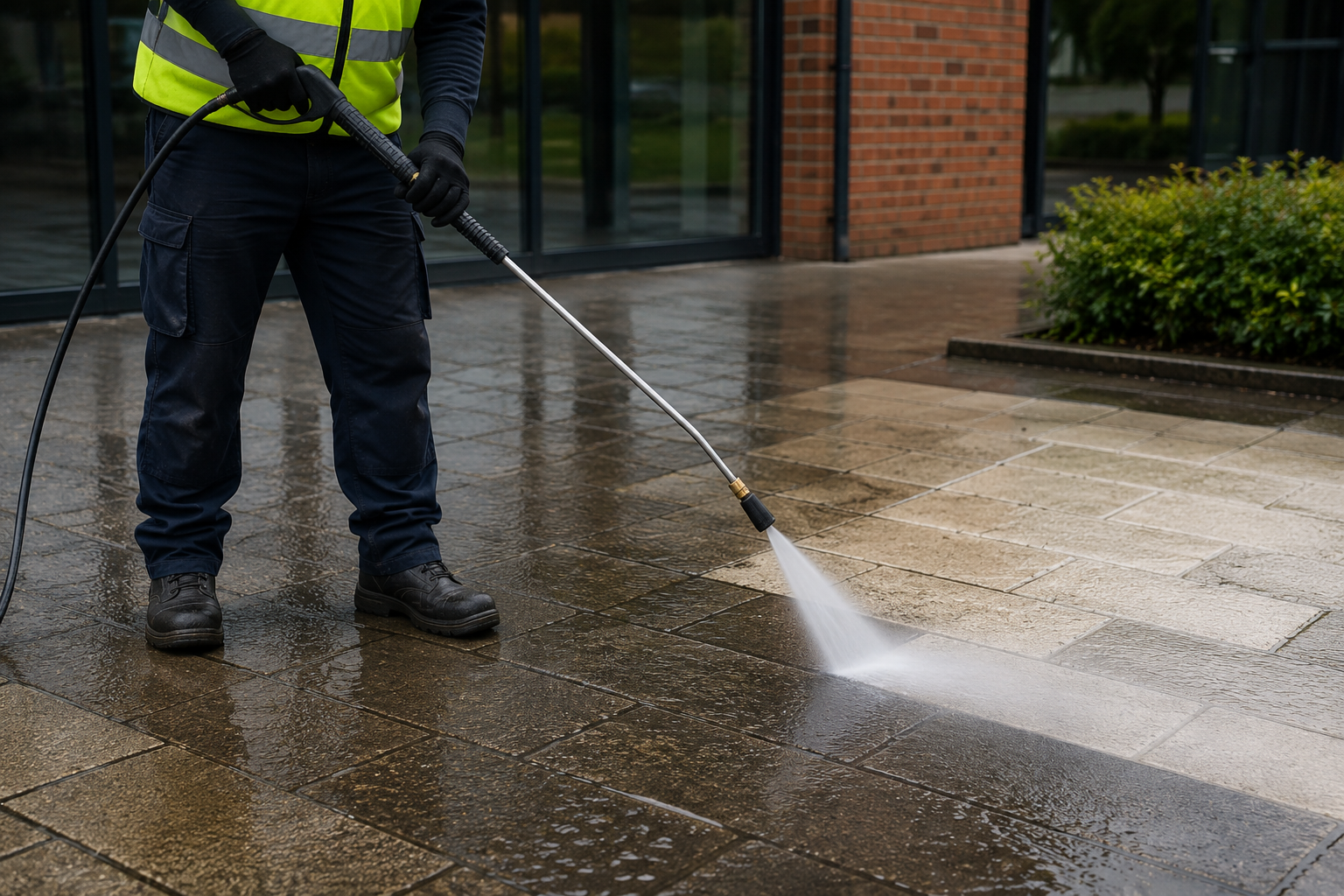 AHI Landscaping worker in a yellow safety vest and black gloves pressure washing a stone sidewalk outside a building.
