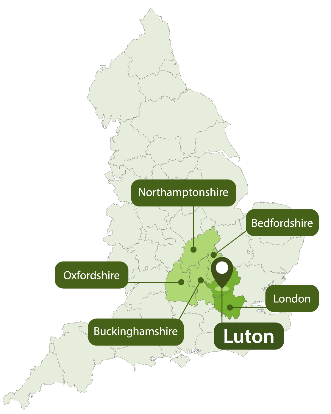 Map of England highlighting regions including Northamptonshire, Bedfordshire, Oxfordshire, Buckinghamshire, London, and Luton.