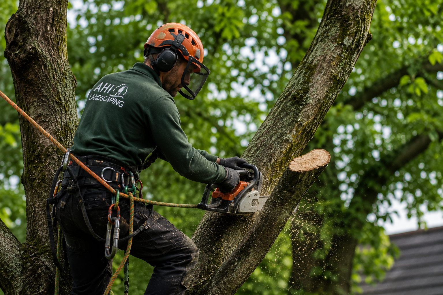 AHI Landscaping worker is cutting down a tree with a chainsaw, wearing safety gear including helmet and gloves, in a green, leafy outdoor setting.
