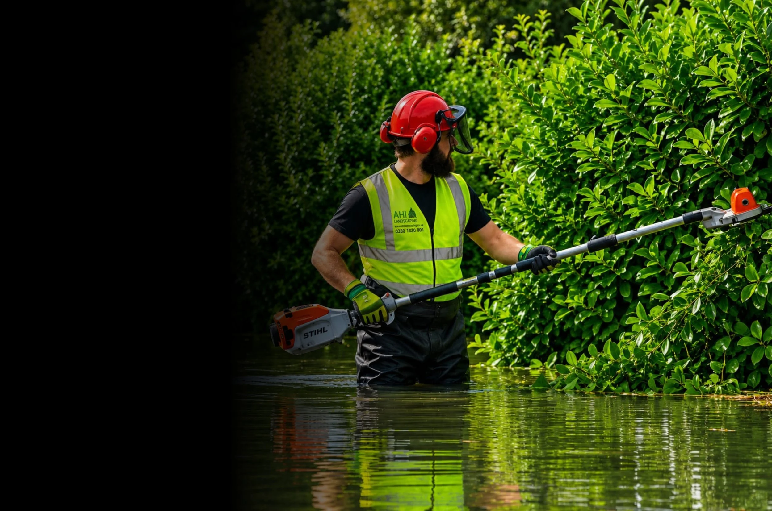 An AHI Landscaping worker wearing safety gear using an electric hedge trimmer to trim bushes in water.