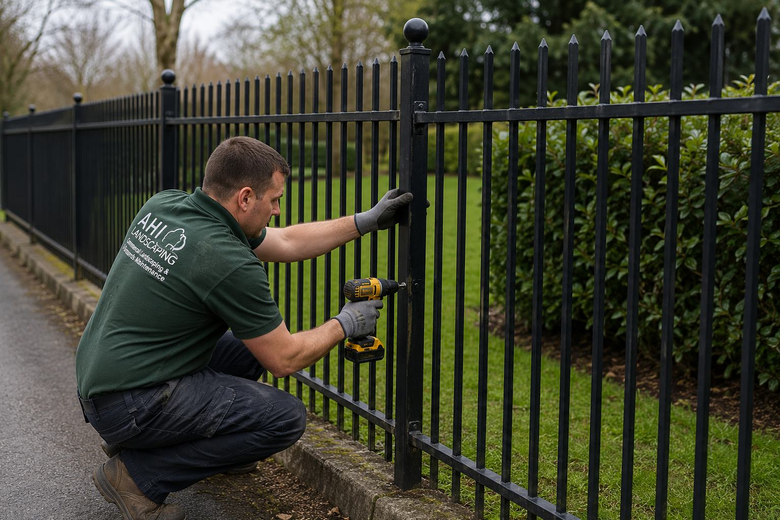 AHI Landscaping worker working on installing or repairing a black metal fence with a cordless drill, kneeling on the ground, outdoors in a grassy area.