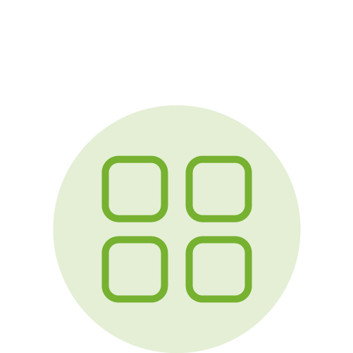 Four green open square icons arranged in a grid on a light green circle background.