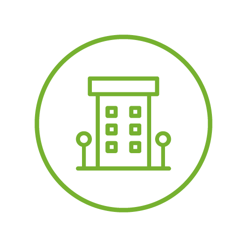 Green outline of a building with windows, surrounded by a circle, on a black background.