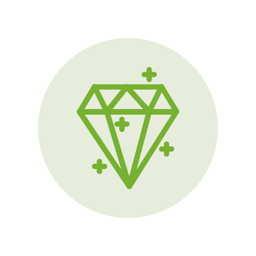 Green diamond icon with sparkles inside a light green circle