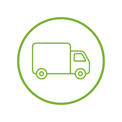 Green outline of a delivery truck inside a green circle on a black background.