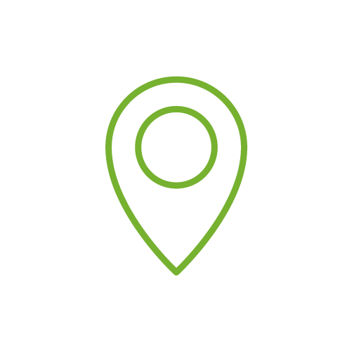 Green map pin icon with a circular target inside, on a black background.