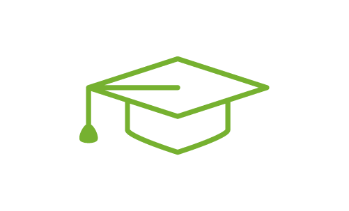 Green graduation cap icon with a tassel on a black background.