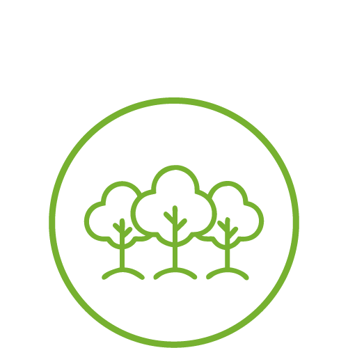 Green outline of three trees inside a circle on a black background, symbolizing nature or environmental conservation.