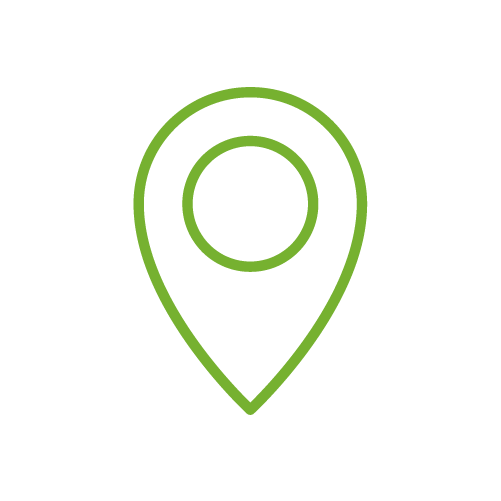 A green map pin icon on a black background.